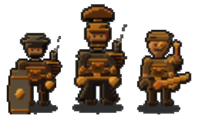 Cogwork Covenant squad: a Bruiser, the Captain with his transverse crest, and a Gunner
