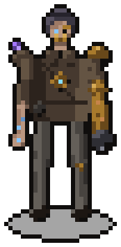 The Gearmancer: brass Covenant gauntlet on one arm, bare Arcanum-veined forearm on the other, a cyan Synthesis core at the sternum