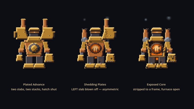 The Gearwork Colossus sheds its plates: three phases, and the furnace at the end of them.