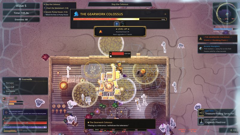 Wave five in the Sanctum: the Gearwork Colossus sheds its plates while three pipelines and a Firestorm work on it.