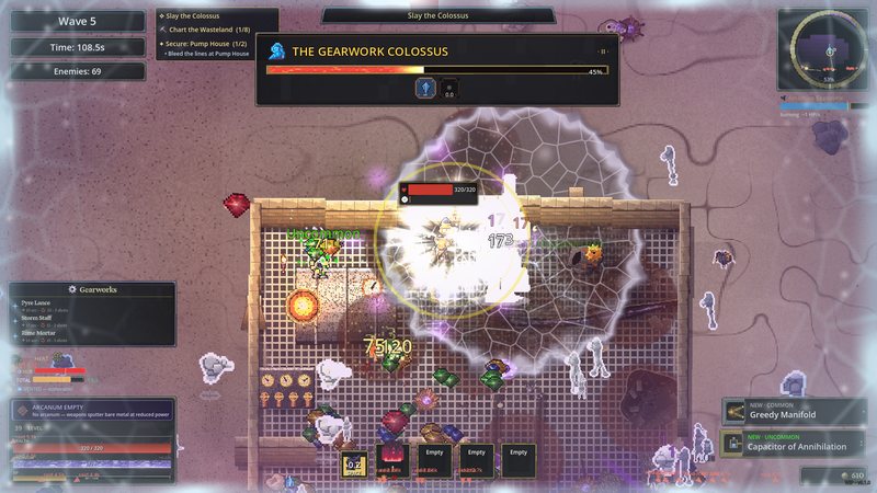 The Colossus at 45 %: a vent nova inside a Glacial Prison, loot dropping, the swarm frozen on the Sanctum floor.