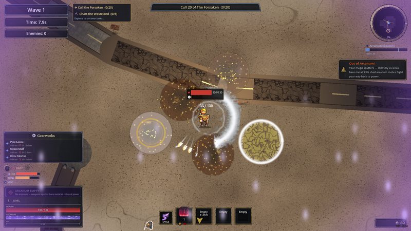 Three ember runes on one core and the machine resonates: Firestorm walks its salvo around the Berserker mid-fight.