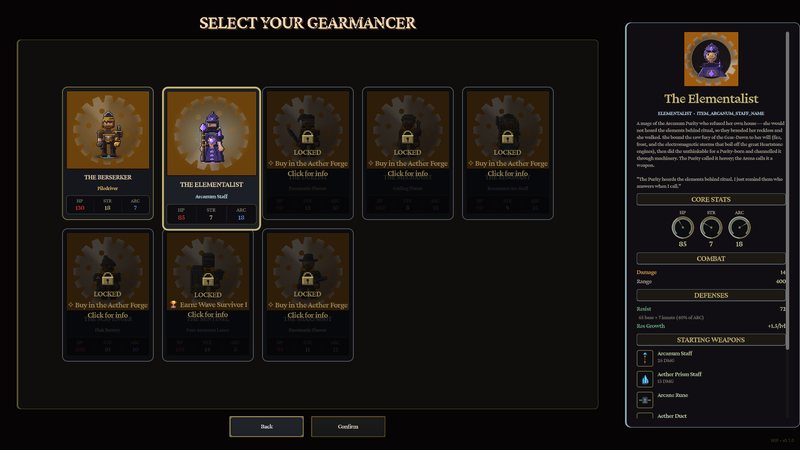Choose your Gearmancer: eight defined, two playable now, each with a dossier and a signature weapon.
