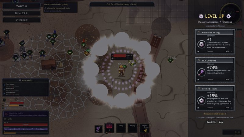 Levelling mid-fight: the world stops dead, three cards, never parts — here dealt inside a vent nova.