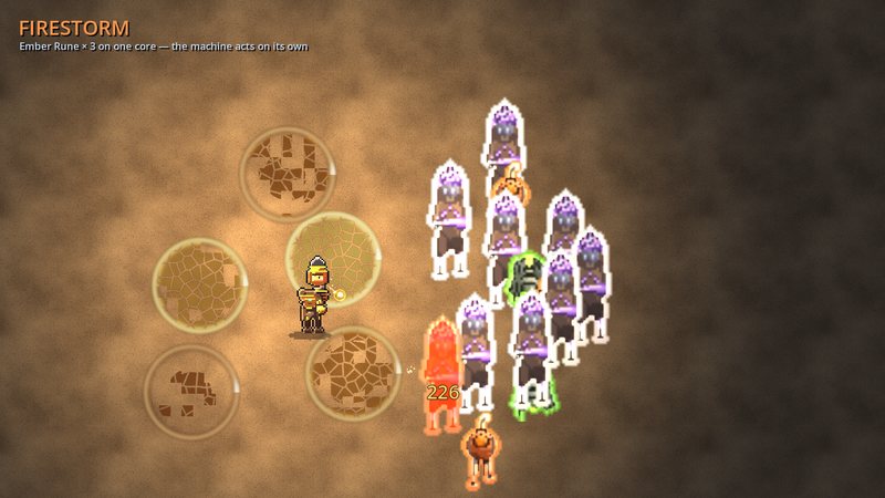 The Resonance store scene: a runner, a swarm, and a machine that acts on its own.